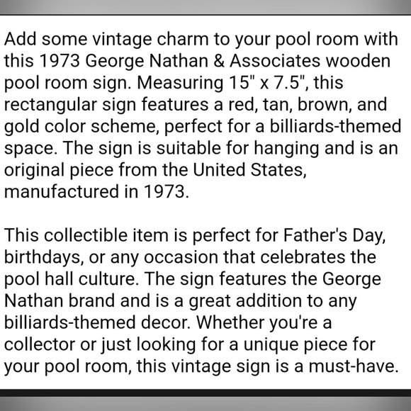Vintage 1973 George Nathan Pool Room Sign Providence RI - Picture 8 of 8